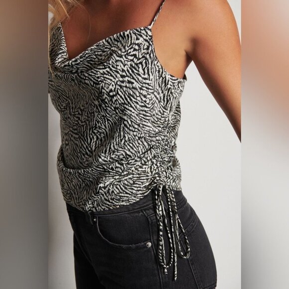 Dynamite black white satin finish Hazel Drawstring Side Cowl  Neck Cami SP - Picture 7 of 16